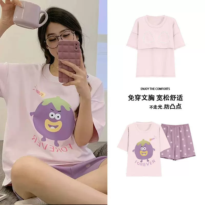 睡衣女短袖带胸垫可外穿春夏2025新款宽松休闲卡通大码家居服套装