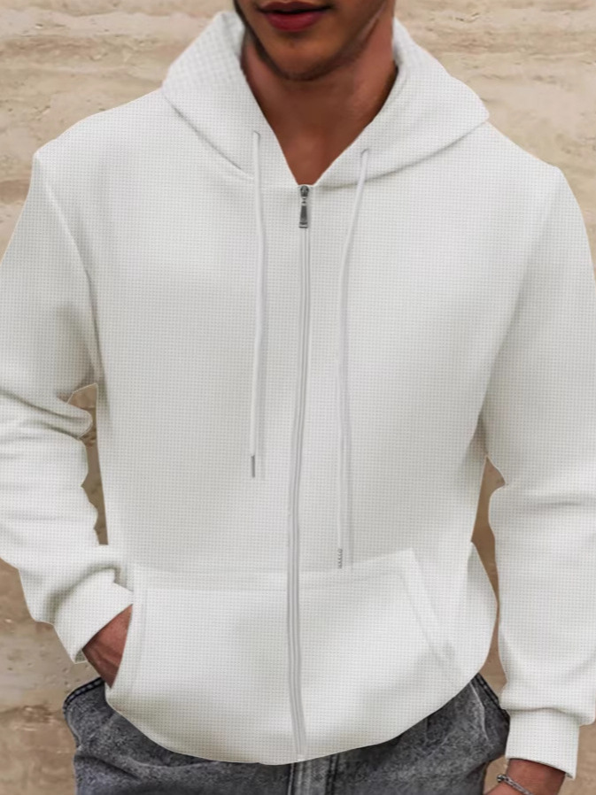 Men's Waffle Knit Hooded Zip Up Jacket For Spring And Autumn_voghion.com