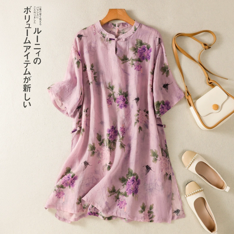 2025 новый летний стиль, ретро-национальный стиль, улучшенная литературно-художественная повседневная юбка средней длины с круглым вырезом и косой планкой на пуговицах средней длины