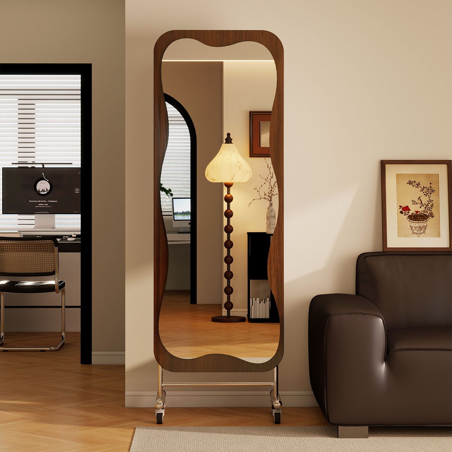 Movable Full-Length Mirror, Floor-Standing Mirror for Home Bedroom, Vintage Style Dressing Mirror, Thickened Stainless Steel Sliding Mirror for Trying on Clothes
