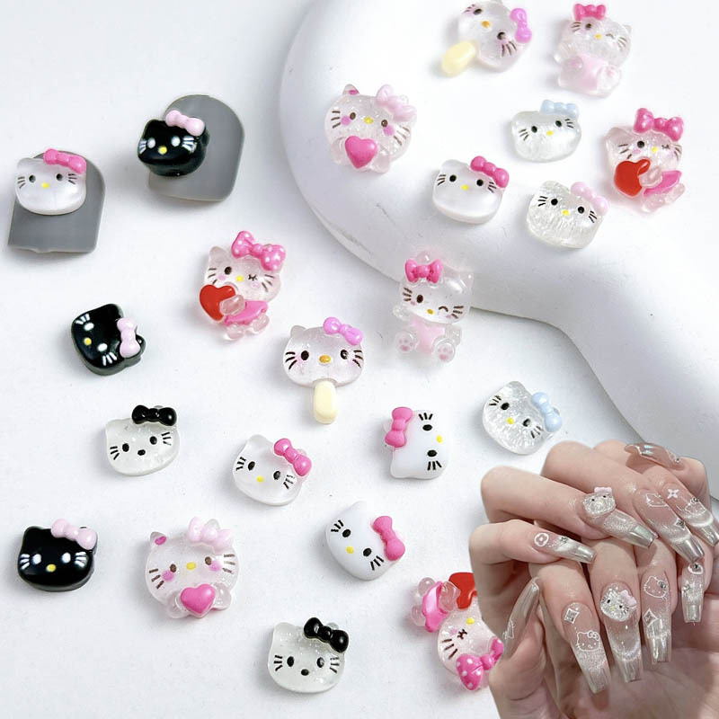 Net red KT cat cartoon nail jewelry cute kitten head hold heart cat pink bow nail accessories wholesale