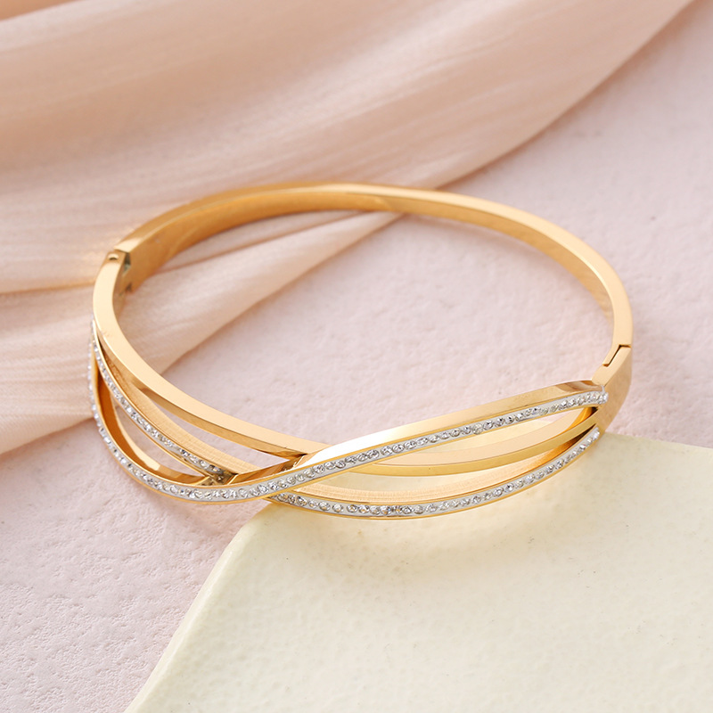 Casual Simple Style Lines Stainless Steel Plating Inlay Zircon 18k Gold Plated Bangle display picture 5