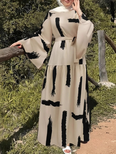 Muslim Commuter Holiday Leisure Flared-Sleeve Dress for Women, 2024 Winter New Arrival Simple Long-Sleeved Pullover Robe
