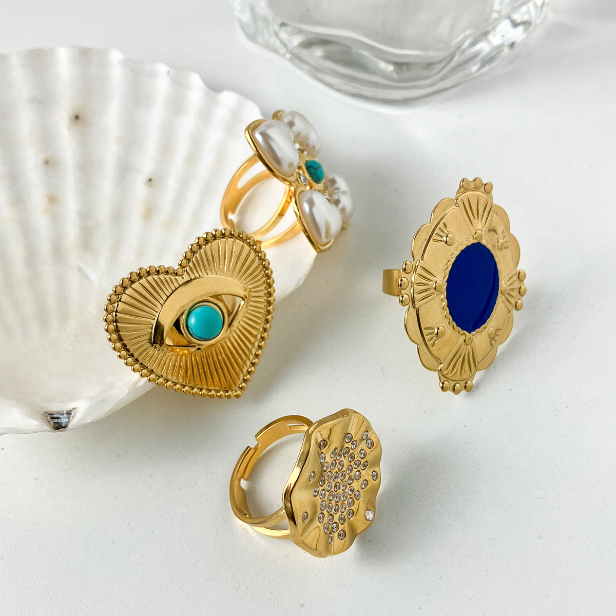 Heart Shape Pattern Women's Gender Wholesale Jewelry Classic Style Heart Shape Titanium Steel Artificial Pearls Turquoise Enamel Plating Inlay Adjustable Ring