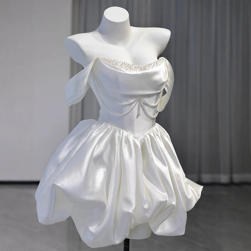 Satin One-Shoulder Light Wedding Dress French Short Engagement Dress Birthday Party Banquet White Dress Satin One-Shoulder Light Wedding Dress French Short Engagement Dress Birthday Party Banquet White Dress
