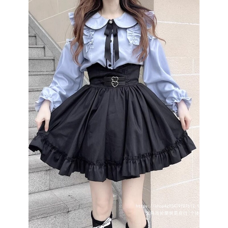 Sweet and cute two-piece set for petite women: off-shoulder long-sleeve shirt with doll collar and waist-cinching skirt for autumn Sweet and cute two-piece set for petite women: off-shoulder long-sleeve shirt with doll collar and waist-cinching skirt for autumn