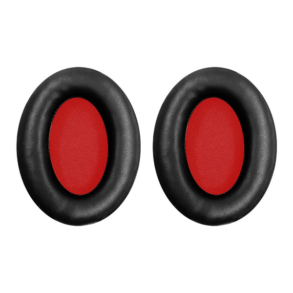 A pair of black and red [protein leather] earmuffs