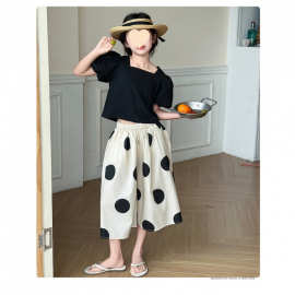 女童泡泡袖T恤套装2025夏装儿童波点阔腿裙裤洋气七分裤两件套潮