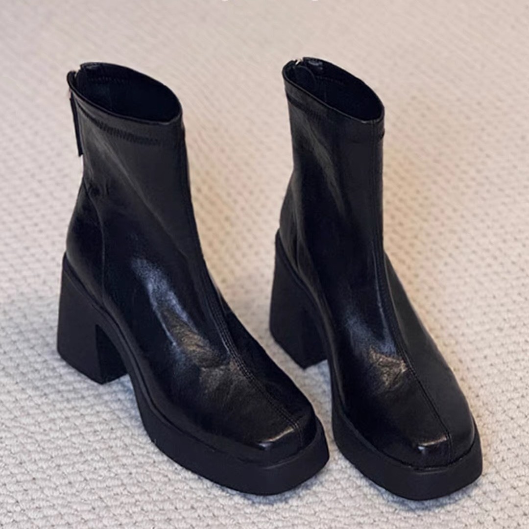 Soft Leather Version ~ Height-Increasing Plush Short Boots for Women, Petite High Heels, Chunky Heel Martin Boots, French Square-Toed Slim Boots