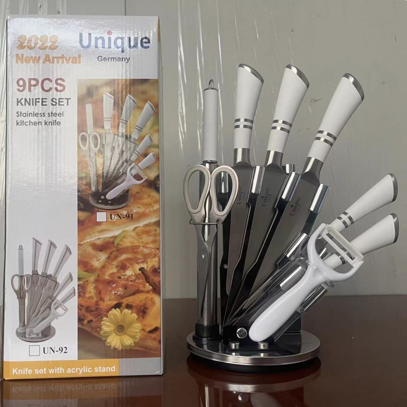 Comercio exterior de acero inoxidable mango hueco cuchillo de nueve piezas cuchillo vegetal cuchillo de cocina conjunto hogar cocina afilado combinación