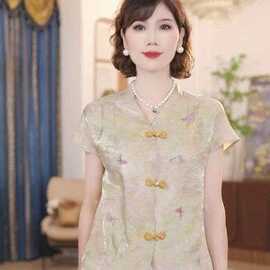 新中式短袖衬衫女立领玉石盘扣蝴蝶印花轻薄宽松大码妈妈国风上衣