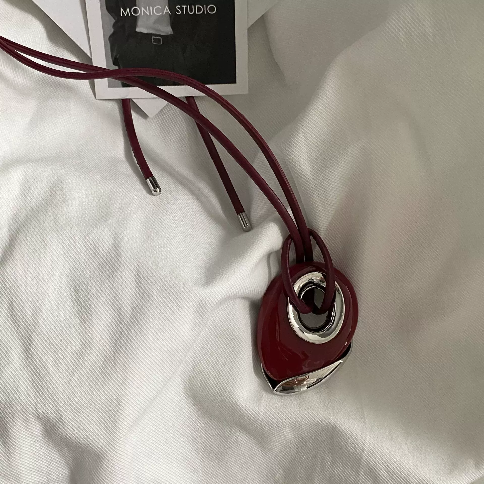 Pendant Necklace, Stainless Steel & Leather Rope, Burgundy/Black/Silver, 7 cm Pendant