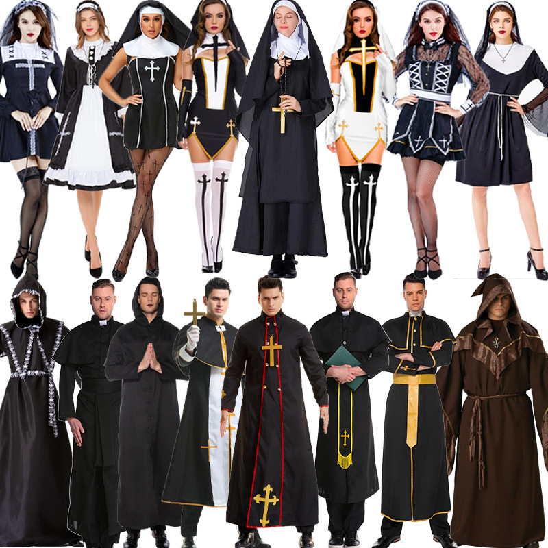 Halloween Men's and Women's Nuns Priest Red Black Robe Vampire Male cospaly Wizard Robe suit