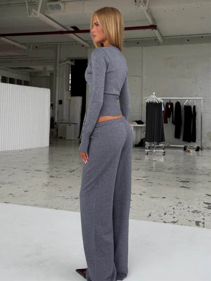 Bộ cardigan dệt kim nữ tay dài dáng ôm kèm quần dài cạp thấp — Màu xanh hải quân, màu sô cô la, màu xám đậm, quả mơ chi tiết 35