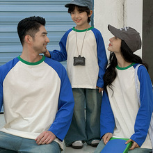 撞色插肩袖亲子装百搭纯棉T一家三四口宽松洋气母女母子装打底衫