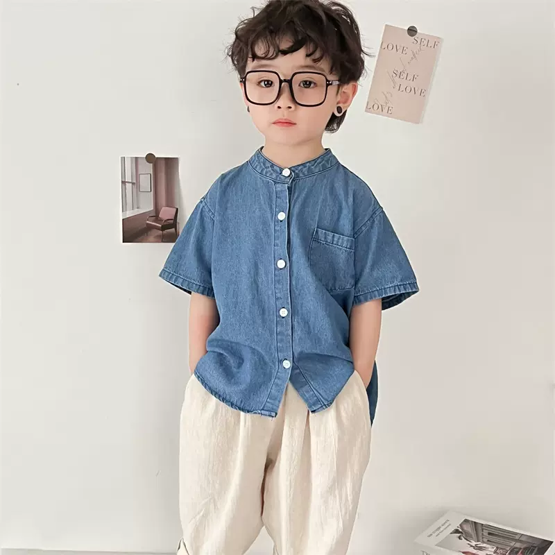 夏季儿童衬衫a类男童开衫韩版纯色女童牛仔上衣短袖休闲宽松百搭