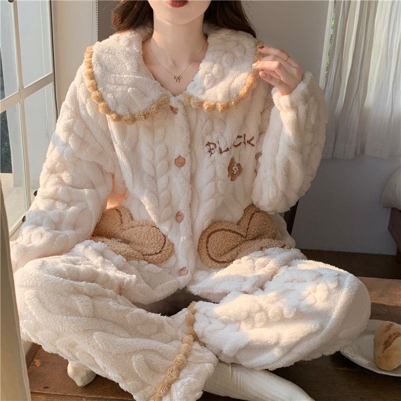 Women's coral fleece pajamas for autumn and winter, thickened and fleece-lined, can be worn outside in winter, sweet flannel warm home wear set Women's coral fleece pajamas for autumn and winter, thickened and fleece-lined, can be worn outside in winter, sweet flannel warm home wear set