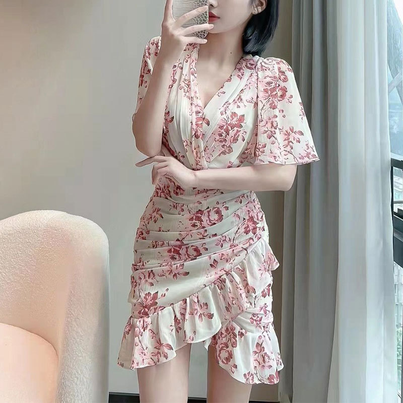 现货Aconi特价清仓女人味边印花连衣裙设计感小众鱼尾包臀裙新款