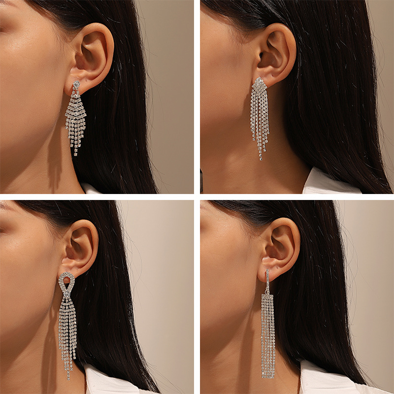 Exaggerated Tassel Rhinestone Drop Earrings For Women Elegant Style_voghion.com