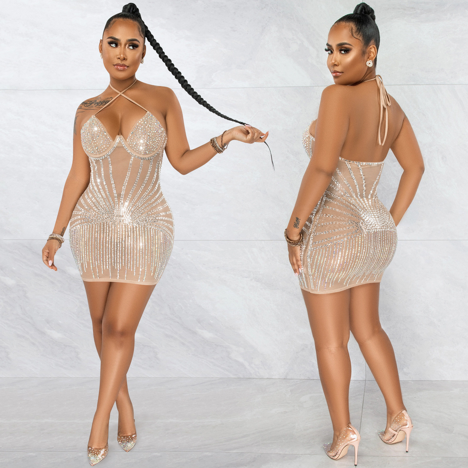 X5653 AliExpress Amazon deseo moda sexy Sling envuelto pecho rhinestone malla ver-a través de vestido MIDI vestido