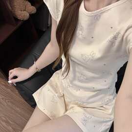 卡通ins甜美风兔子印花睡衣女春秋季款外穿短裤短袖家居服两件套