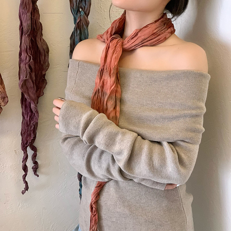 Bufanda de seda para mujer, lujo ligero, sentido de alta gama, arte japonés, color sólido, bufanda de seda plisada, bufanda de todo fósforo, bufanda de cuello