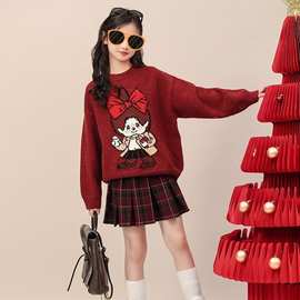 女童红色毛衣洋气时髦上衣儿童秋冬套装新款衣服大童女孩圣诞过年