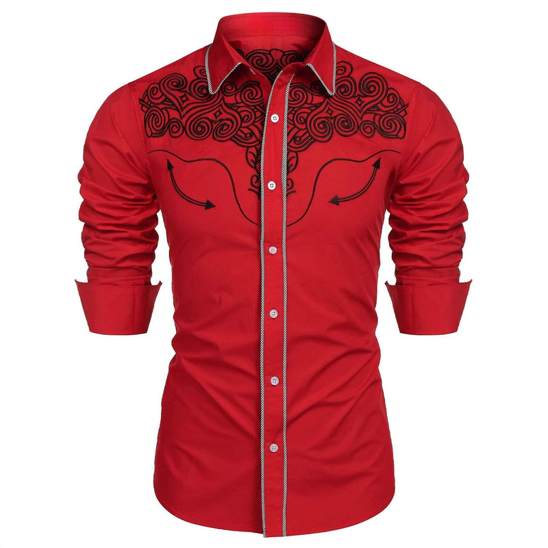 2025 Cross-Border American Amazon Independent Station Men's Western Shirt Long Sleeve Slim Embroidered Denim Casual Shirt