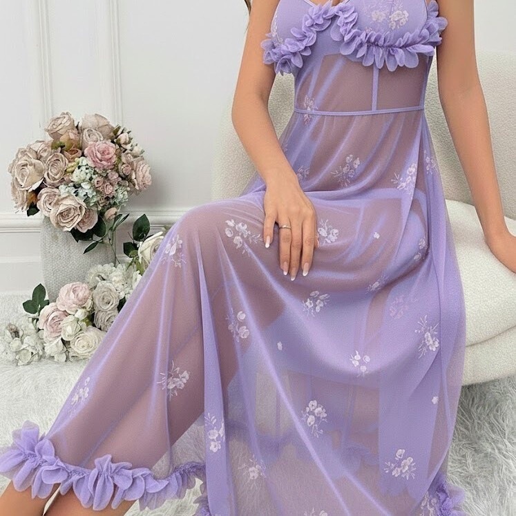 Midnight Thoughts Sexy Mesh Low-Cut Gathered Nightgown Set with Removable Chest Pads and Sweet Bow Decoration