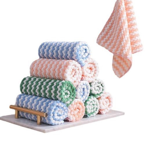 Kitchen fiber non-stick household scouring pad cation thick coral velvet water-absorbent wave-pattern cloth dishwashing towel