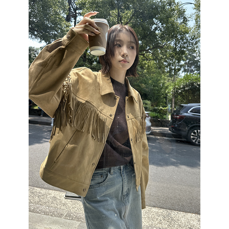 合弈2025新款复古麂皮绒流苏短款外套女秋装百搭翻领上衣E8363