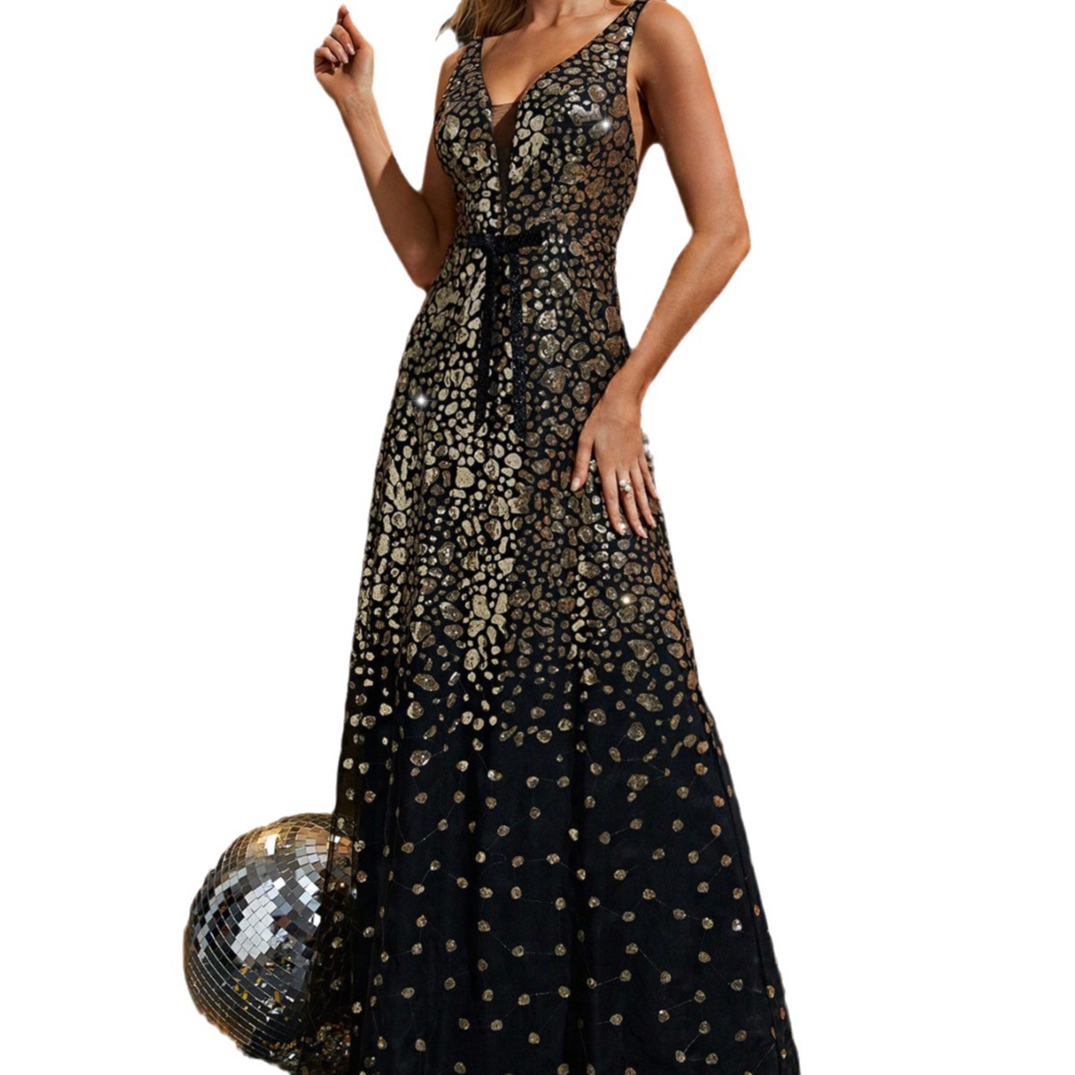 Vestido de noche estilo nuevo para eBay, sexy, sin espalda, con doble hombro, cuello en V, lazo en la cintura, lentejuelas, línea A