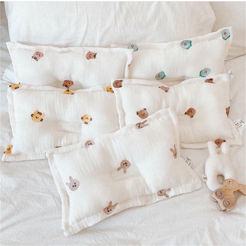 Ins style baby 0-2 years old shaped pillow, breathable, soft gauze, cotton embroidery, universal baby pillow for all seasons