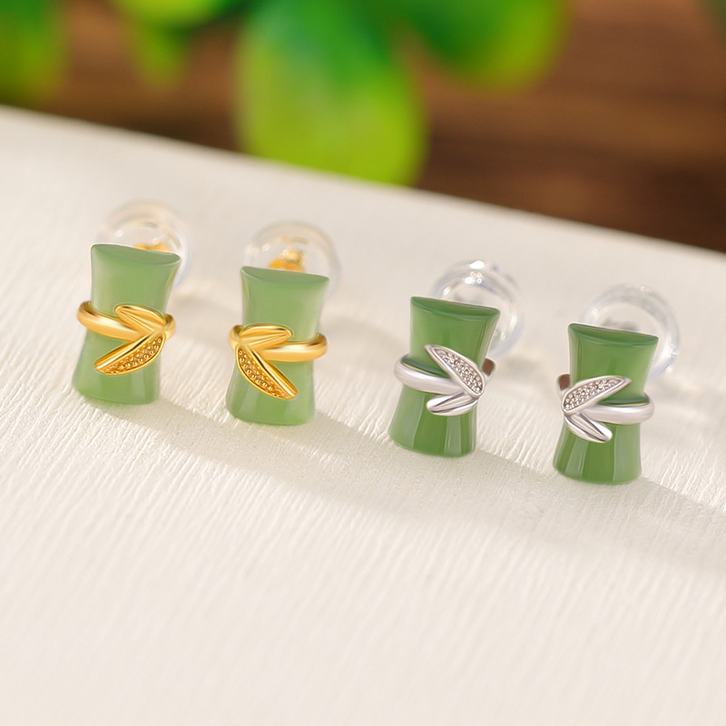 Khuyên tai nữ bạc S925 mạ vàng đính ngọc bích hình lá tre phong cách cổ điển — Kiểu màu bạc