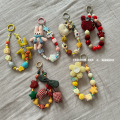 卡通毛絨公仔可愛珍珠鑰匙扣包包掛件卡通掛飾掛件花朵串珠鑰匙扣