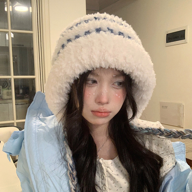蝴蝶结猫耳朵毛绒帽女秋冬季条纹护耳针织帽显脸小保暖毛线帽子|undefined