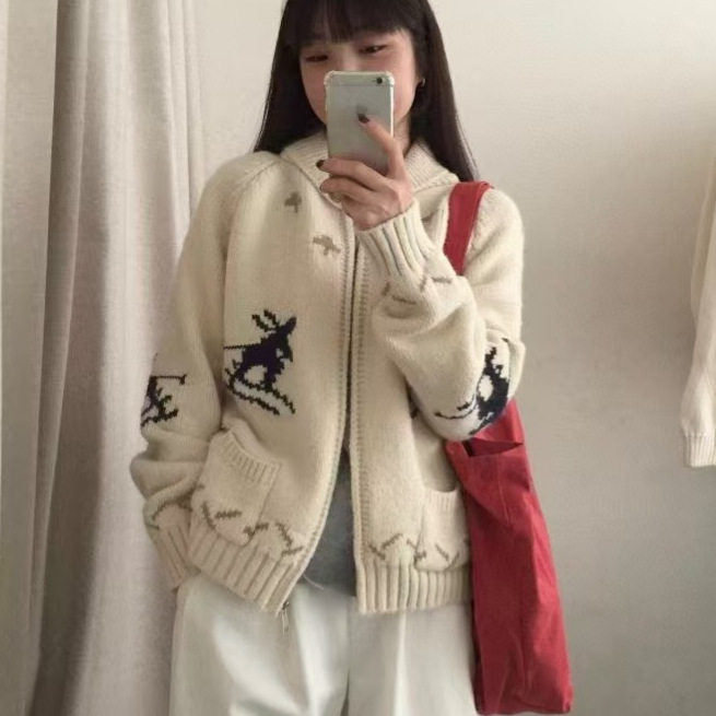South Korea Vintage Jacquard Ski Lapel Sweater Cardigan Women's Autumn and Winter New Loose Soft Waxy Zipper Knitted Jacket South Korea Vintage Jacquard Ski Lapel Sweater Cardigan Women's Autumn and Winter New Loose Soft Waxy Zipper Knitted Jacket