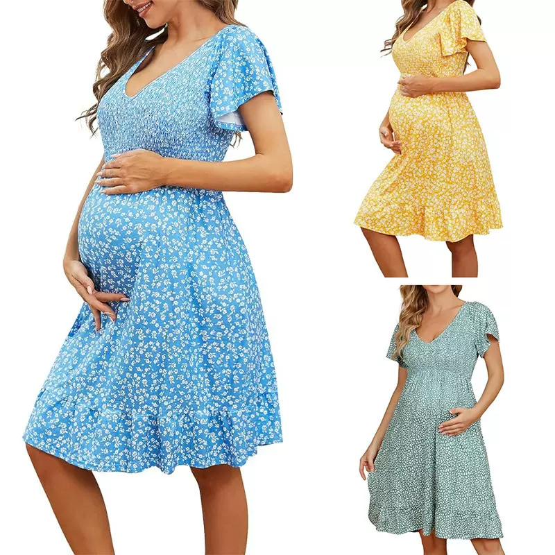 2025跨境新款欧美亚马逊夏季孕妇V领连衣裙宽松舒适休闲连衣裙