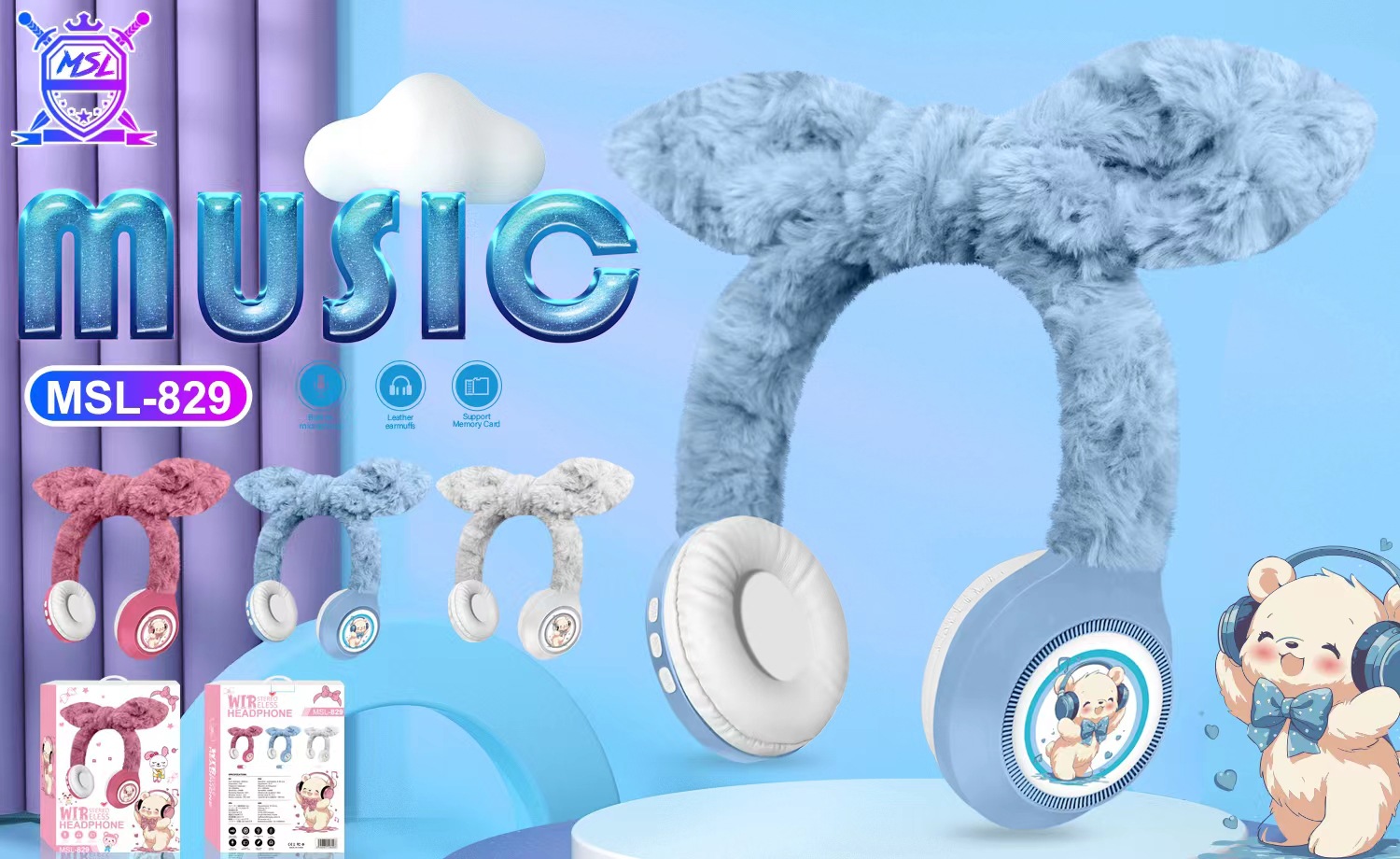 Nuevo MSL - 829 creativo de dibujos animados arco de peluche auriculares Bluetooth para niños inalámbricos regalos