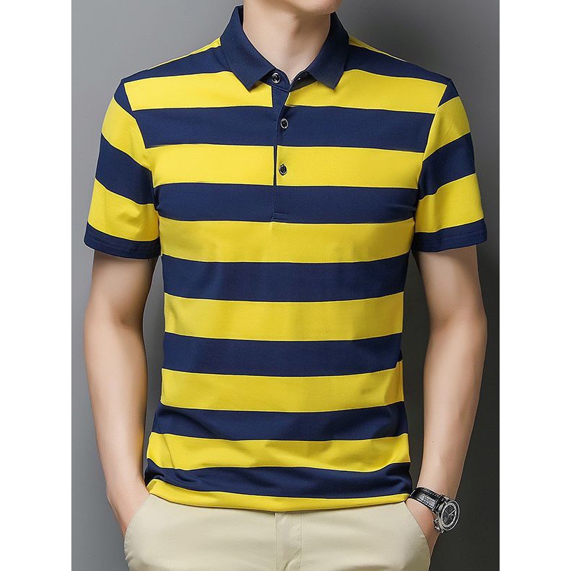 [Puede abrirse] polo de algodón a rayas de hombre ligero de negocios T-shirt de manga corta con collar a rayas elásticas