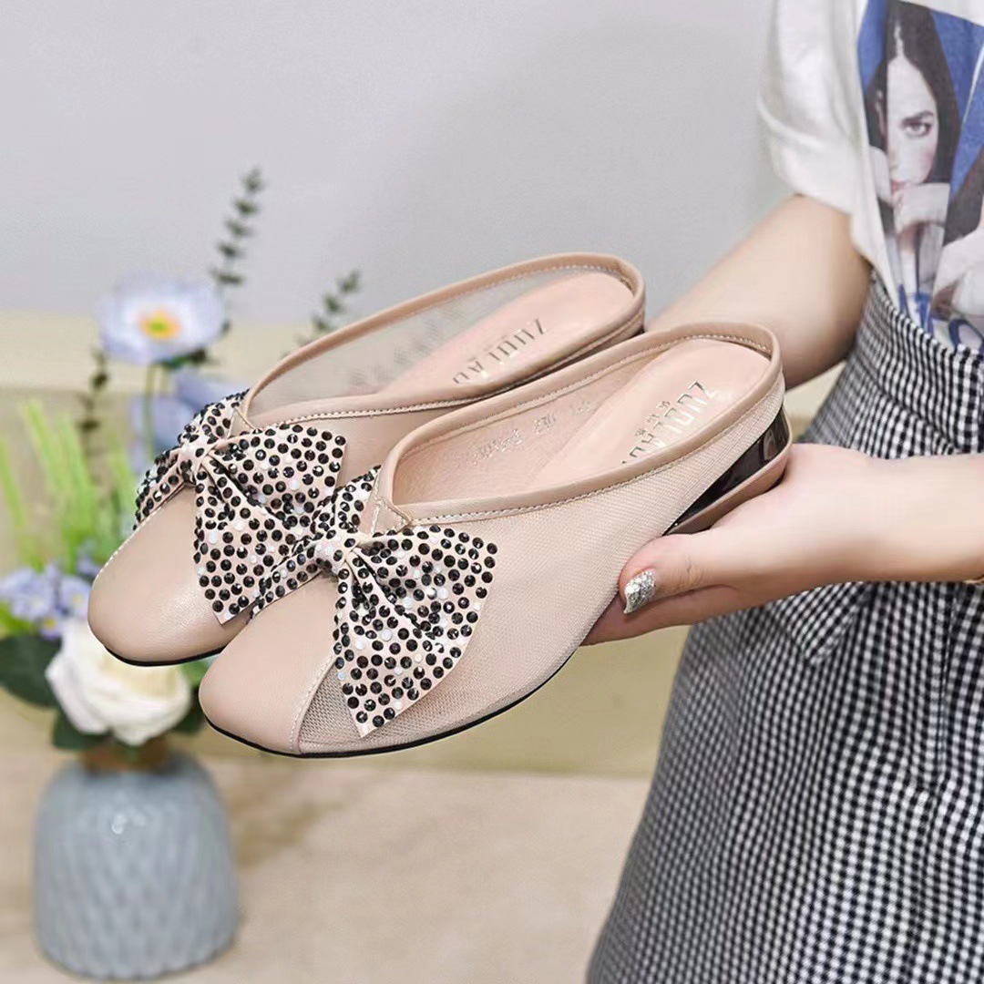 Dép nữ kín mũi lưới đế bệt da thật nơ — Màu đen chi tiết 2