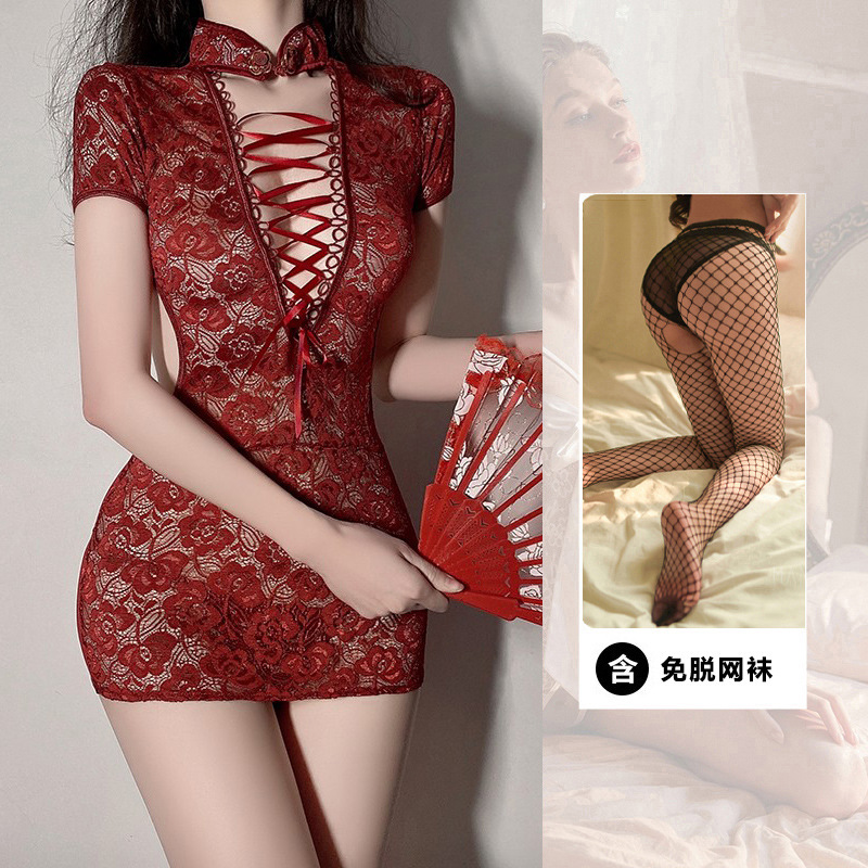 레드 레트로 치파오 + 무료 그물 스타킹