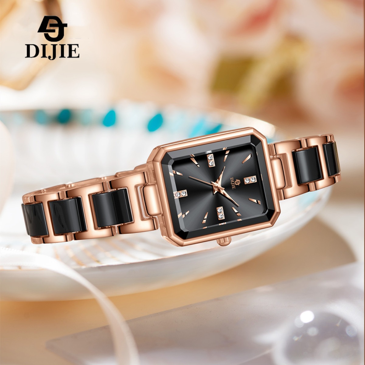 Damenuhr, Luxus, Diamant, quadratisches Zifferblatt, elegant, Quarz