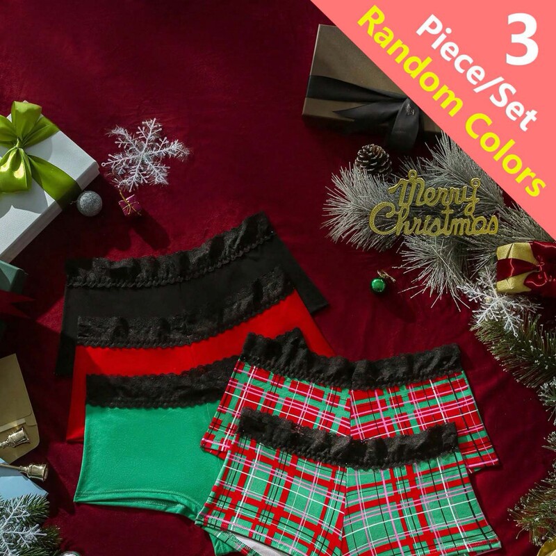 Christmas Red and Green Plaid Women's Breathable Lace-Trimmed Boxer Briefs for Girls, Multi-Color Combination, Mixed Batch