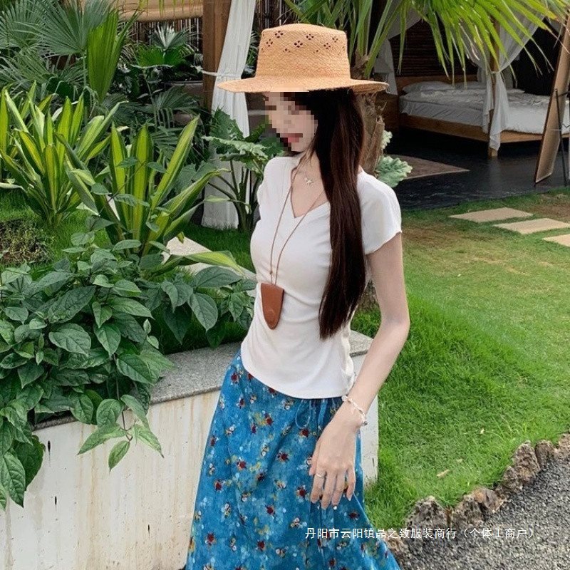 蓝色碎花油画系带半身裙女2025夏季新款高腰显瘦复古字长裙子|undefined