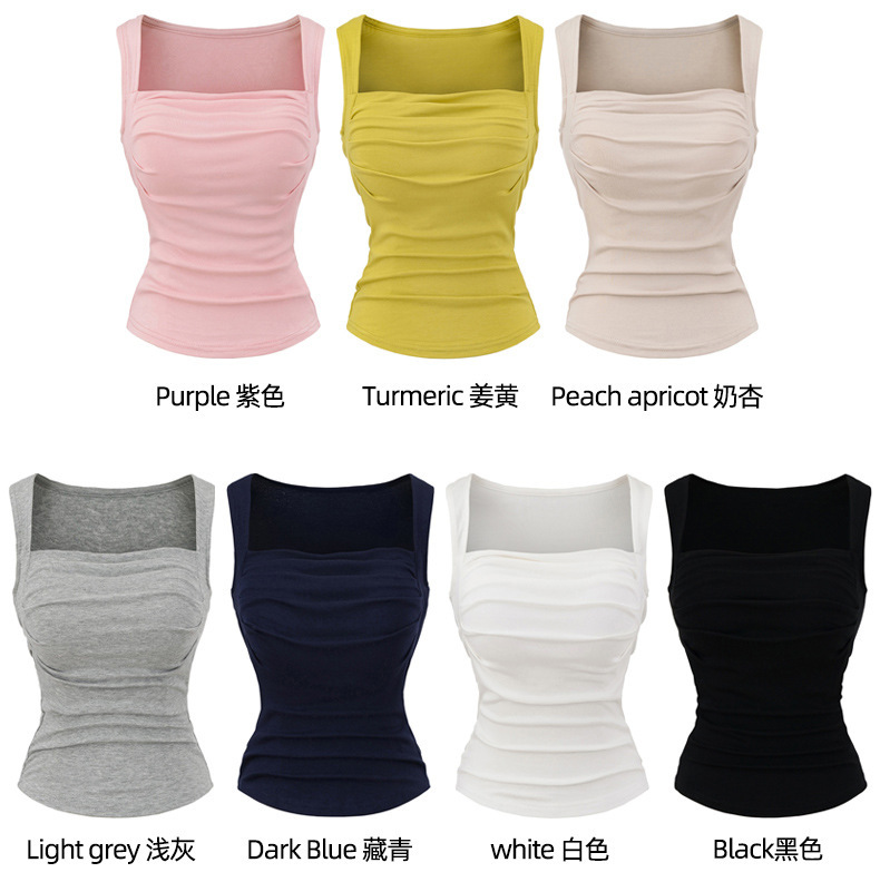 American-Style Square-Neck Ruffled Padded Vest for Women, Slim-Fit, Sweet and Versatile Sleeveless Top for Women