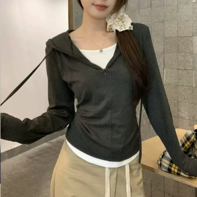 连帽假两件半拉链长袖打底衫女2025新款修身显瘦设计感内搭长袖t
