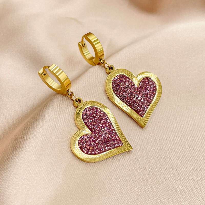 Fashion Heart Shape Stainless Steel Inlay Zircon Drop Earrings 1 Pair