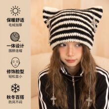 帽子秋冬新款针织帽日系可爱小恶魔猫耳朵毛球毛线帽女冬护耳保暖