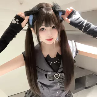 糯叽小咪假毛女长直发Lolita萌妹少萝齐刘海冷棕色70cm直发双马尾
